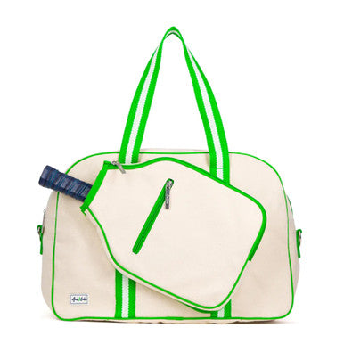 Front view of the Ame & Lulu Hamptons Pickleball Bag with exterior zippered paddle pocket. Shown in color option Limeade.