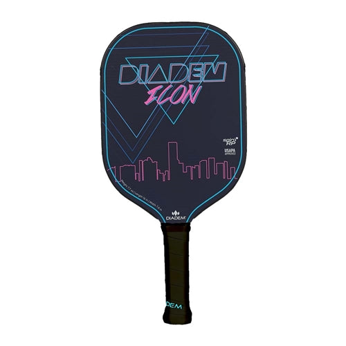 Diadem Icon Graphite Pickleball Paddle, poly-core and carbon fiber face. Available in Black, White, and Miami Vice colors.