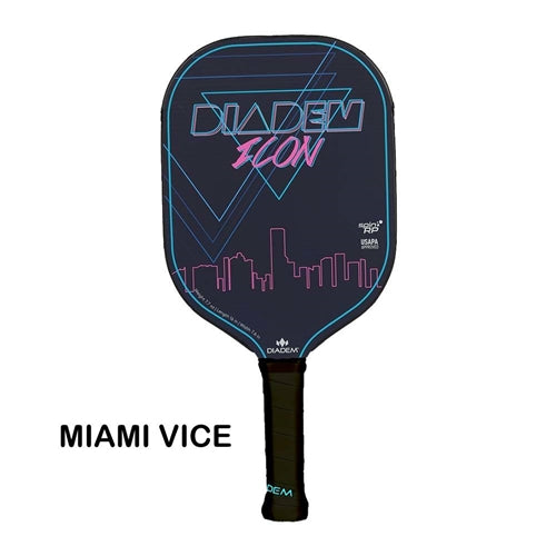 Diadem Icon Graphite Pickleball Paddle, poly-core and carbon fiber face. Available in Black, White, and Miami Vice colors.