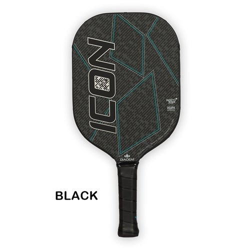 Diadem Icon Graphite Pickleball Paddle, poly-core and carbon fiber face. Available in Black, White, and Miami Vice colors.