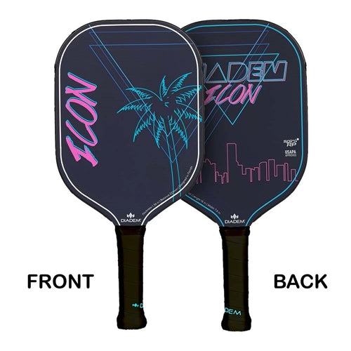 Diadem Icon Graphite Pickleball Paddle, poly-core and carbon fiber face. Available in Black, White, and Miami Vice colors.