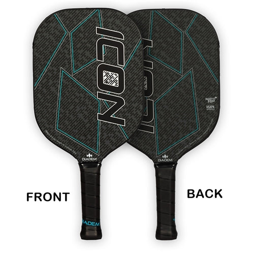 Diadem Icon Graphite Pickleball Paddle, poly-core and carbon fiber face. Available in Black, White, and Miami Vice colors.