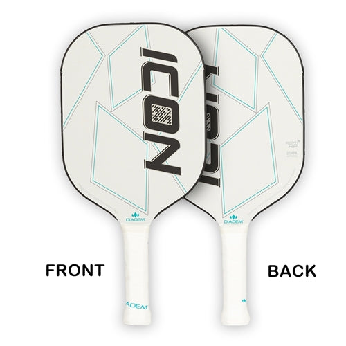 Diadem Icon Graphite Pickleball Paddle, poly-core and carbon fiber face. Available in Black, White, and Miami Vice colors.