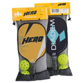 The Diadem Hero Composite Pickleball Starter Kit features 2 fiberglass composite paddles, one each in blue and orange, two pickleballs, and mesh carrying bag.