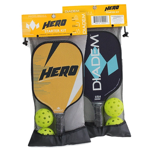 The Diadem Hero Composite Pickleball Starter Kit features 2 fiberglass composite paddles, one each in blue and orange, two pickleballs, and mesh carrying bag.