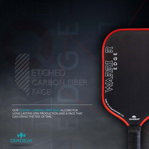 The Diadem Warrior Edge Carbon Fiber Pickleball Paddle features a red and black 2-sided design with an etched graphite paddle face and 16mm thick polymer core, with comfort max grip.