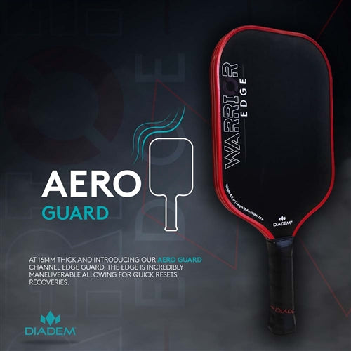 The Diadem Warrior Edge Carbon Fiber Pickleball Paddle features a red and black 2-sided design with an etched graphite paddle face and 16mm thick polymer core, with comfort max grip.