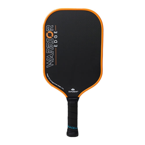 The Diadem Warrior Edge Carbon Fiber Pickleball Paddle features a red and black 2-sided design with an etched graphite paddle face and 16mm thick polymer core, with comfort max grip.