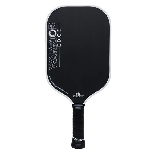 The Diadem Warrior Edge Carbon Fiber Pickleball Paddle features a red and black 2-sided design with an etched graphite paddle face and 16mm thick polymer core, with comfort max grip.