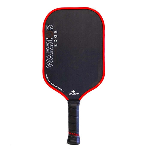 The Diadem Warrior Edge Carbon Fiber Pickleball Paddle features a red and black 2-sided design with an etched graphite paddle face and 16mm thick polymer core, with comfort max grip.