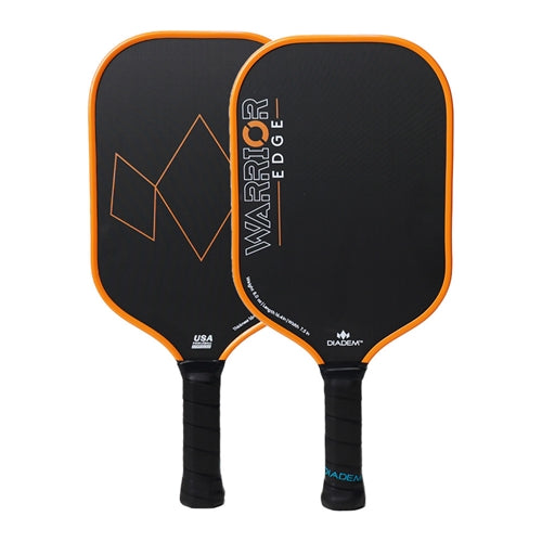 The Diadem Warrior Edge Carbon Fiber Pickleball Paddle features a red and black 2-sided design with an etched graphite paddle face and 16mm thick polymer core, with comfort max grip.