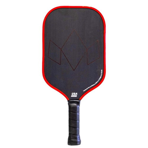 The Diadem Warrior Edge Carbon Fiber Pickleball Paddle features a red and black 2-sided design with an etched graphite paddle face and 16mm thick polymer core, with comfort max grip.