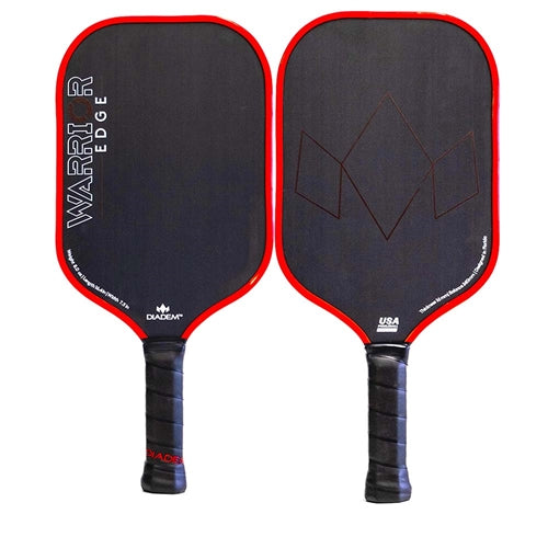 The Diadem Warrior Edge Carbon Fiber Pickleball Paddle features a red and black 2-sided design with an etched graphite paddle face and 16mm thick polymer core, with comfort max grip.