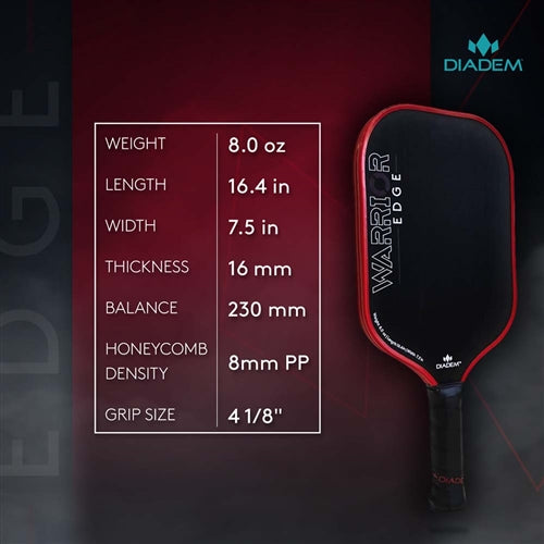 The Diadem Warrior Edge Carbon Fiber Pickleball Paddle features a red and black 2-sided design with an etched graphite paddle face and 16mm thick polymer core, with comfort max grip.