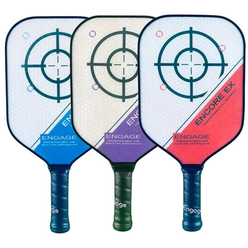 The Encore EX Paddle by Engage Pickleball is offered in blue, purple, and red color options, as well as two weight options per color.