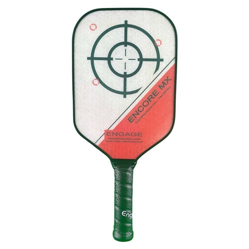 The Encore MX Elongated Paddle by Engage Pickleball is offered in blue, purple, and red color options, as well as two weight options per color.
