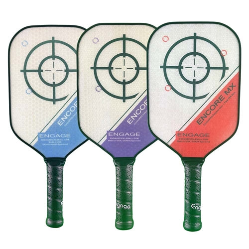 The Encore MX Elongated Paddle by Engage Pickleball is offered in blue, purple, and red color options, as well as two weight options per color.