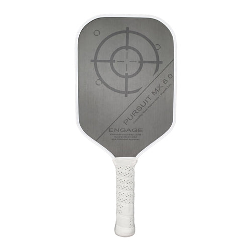 The Pursuit MX 6.0 paddle by Engage is available in colors Black Stealth, Jesse Irvine Pink and White featherweight, lightweight, and standard weight variations