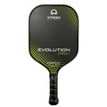 The Omega Evolution Pro-1 Paddle by Engage Pickleball has a thick 16mm core and composite fiberglass face. Features a black paddle face with Omega logo and Evolution Pro name on the front, accented with a circular gradient pattern.