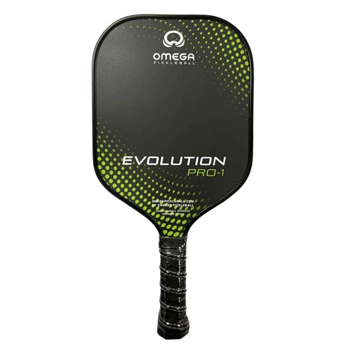 The Omega Evolution Pro-1 Paddle by Engage Pickleball has a thick 16mm core and composite fiberglass face. Features a black paddle face with Omega logo and Evolution Pro name on the front, accented with a circular gradient pattern.