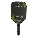 The Omega Evolution Pro Paddle by Engage Pickleball has a textured fiberglass face and 16mm core.  The Omega logo and Evolution Pro name are on the face, with a black background and accented with a circular gradient pattern of lime green dots.