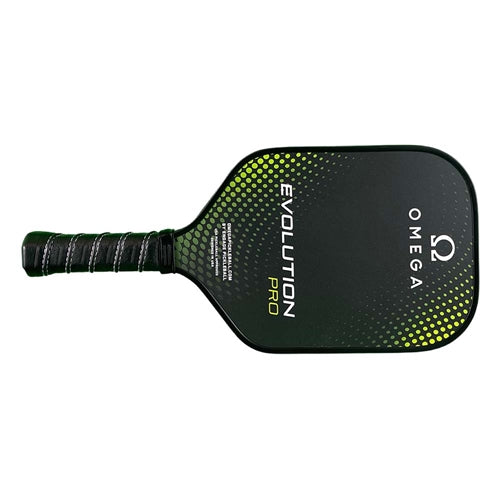 The Omega Evolution Pro Paddle by Engage Pickleball has a textured fiberglass face and 16mm core.  The Omega logo and Evolution Pro name are on the face, with a black background and accented with a circular gradient pattern of lime green dots.