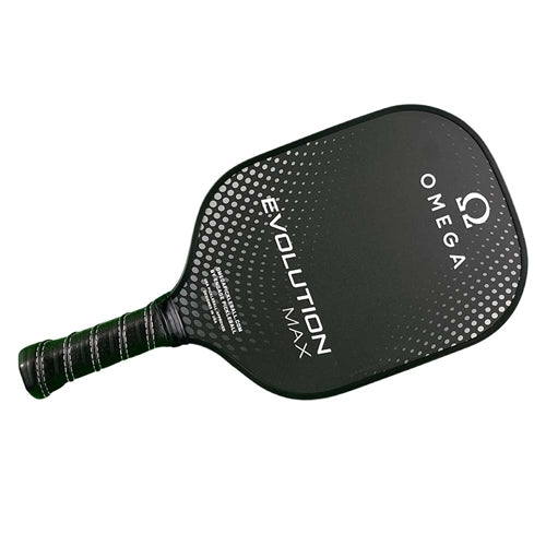The Omega Evolution Max Paddle by Engage Pickleball has a  black paddle background with Omega logo and Evolution MAX name on the front, accented by a circular gradient pattern of sliver dots. Traditional shape with 5" handle.