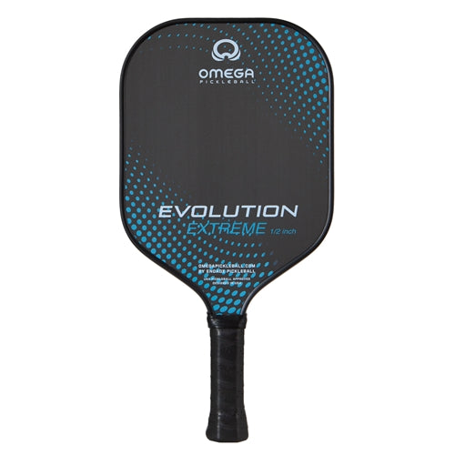 The Omega Evolution Extreme  Paddle by Engage Pickleball showcases a black paddle background with Omega logo and Evolution Extreme name on the front. Accented by a gradient pattern of dots. Traditional shape, 13mm or 16mm core thickness options.