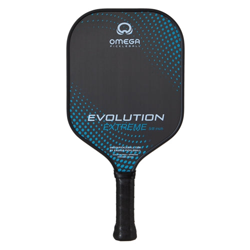 The Omega Evolution Extreme  Paddle by Engage Pickleball showcases a black paddle background with Omega logo and Evolution Extreme name on the front. Accented by a gradient pattern of dots. Traditional shape, 13mm or 16mm core thickness options.