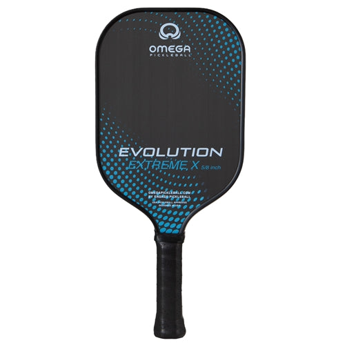 The Omega Evolution Extreme X  Paddle by Engage Pickleball  features the Extreme X name on the front, and solid black background accented by a gradient pattern of dots. Elongated 16.5" shape, in 13mm or 16mm core thickness options.