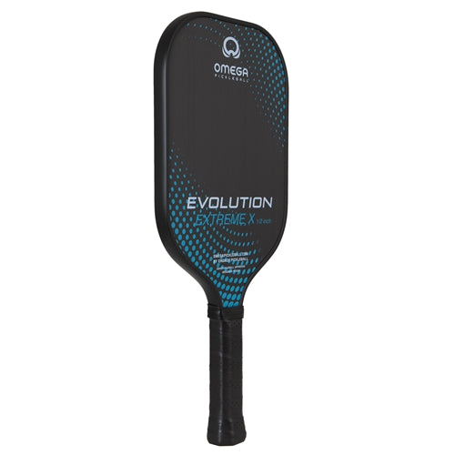 The Omega Evolution Extreme X  Paddle by Engage Pickleball  features the Extreme X name on the front, and solid black background accented by a gradient pattern of dots. Elongated 16.5" shape, in 13mm or 16mm core thickness options.