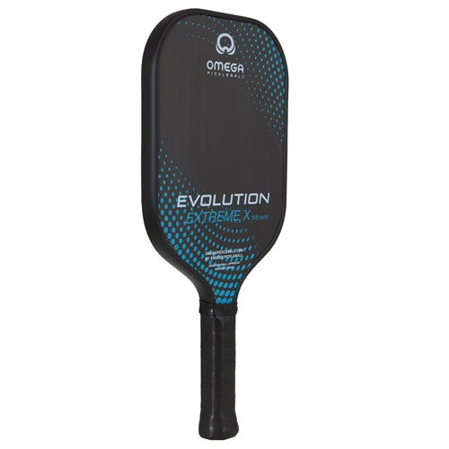 The Omega Evolution Extreme X  Paddle by Engage Pickleball  features the Extreme X name on the front, and solid black background accented by a gradient pattern of dots. Elongated 16.5" shape, in 13mm or 16mm core thickness options.