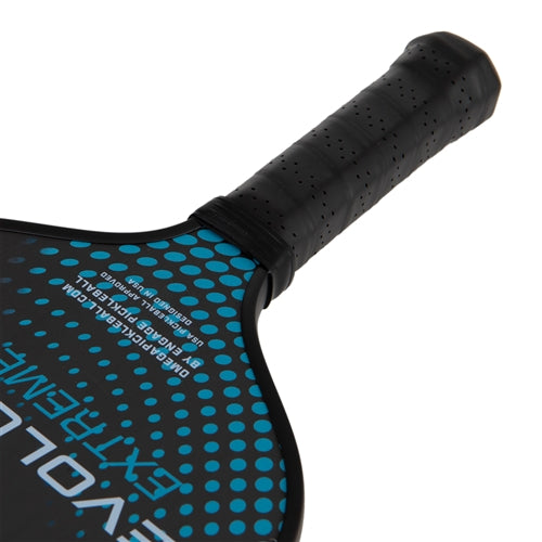 The Omega Evolution Extreme X  Paddle by Engage Pickleball  features the Extreme X name on the front, and solid black background accented by a gradient pattern of dots. Elongated 16.5" shape, in 13mm or 16mm core thickness options.