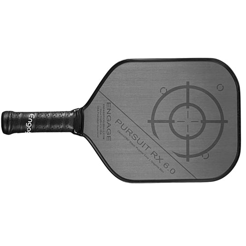 Pursuit RX 6.0 Graphite Pickleball Paddle by Engage features a gray background, with target design and the name of the paddle printed diagonally across the front. The Engage logo is printed horizontally across the paddle throat.