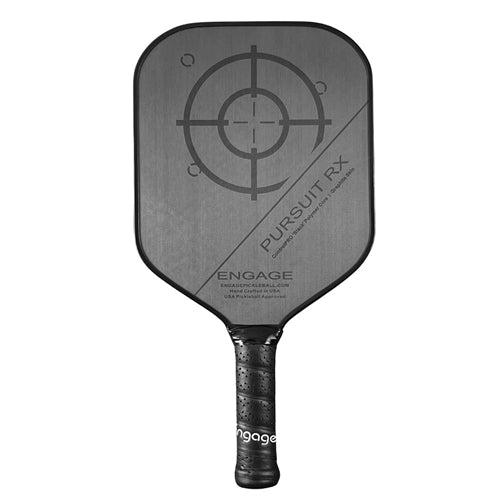 Pursuit RX Graphite Pickleball Paddle by Engage features a gray background, with target design and the name of the paddle printed diagonally across the front. The Engage logo is printed horizontally across the paddle throat.