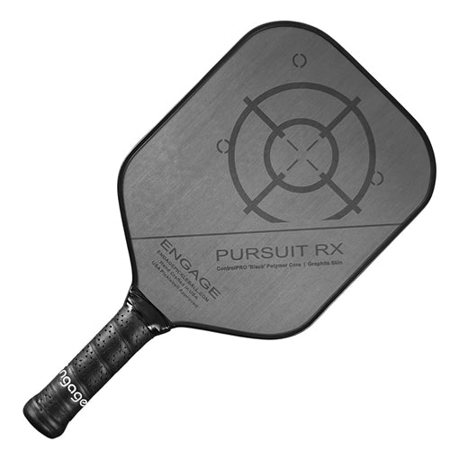 Pursuit RX Graphite Pickleball Paddle by Engage features a gray background, with target design and the name of the paddle printed diagonally across the front. The Engage logo is printed horizontally across the paddle throat.