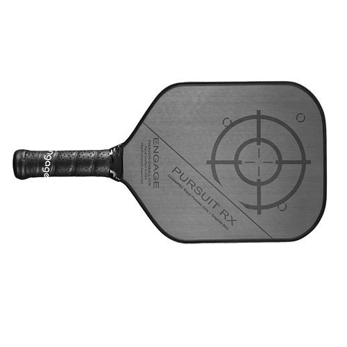 Pursuit RX Graphite Pickleball Paddle by Engage features a gray background, with target design and the name of the paddle printed diagonally across the front. The Engage logo is printed horizontally across the paddle throat.