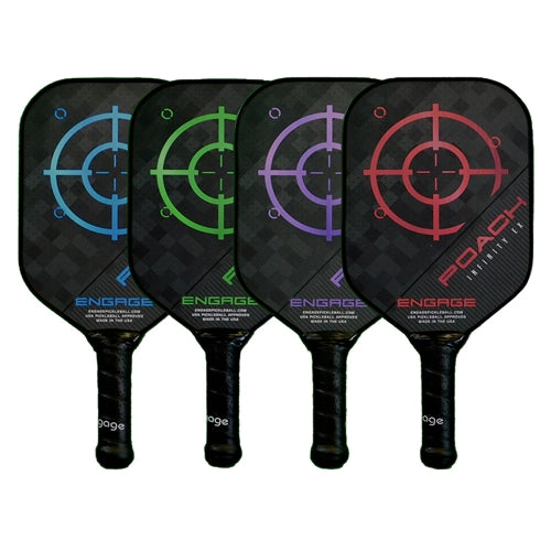 The Poach Infinity EX Composite Pickleball Paddle paddle by Engage Pickleball is offered in blue, green, purple, and red colors, as well as two weight ranges.