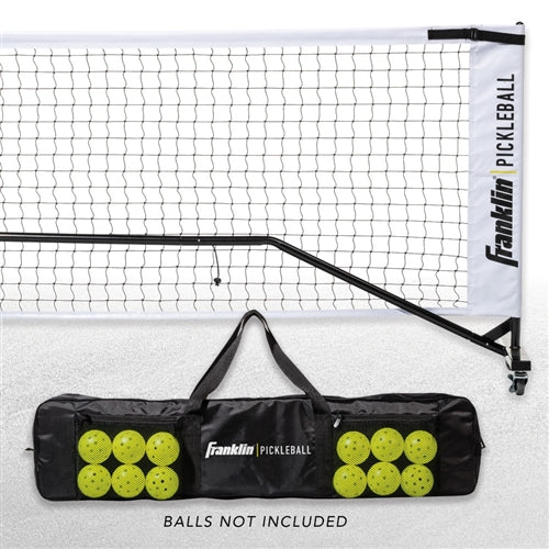 Black and white Franklin Pickleball Portable Net System with wheels and a durable steel frame is easy to set up and move around. Includes black weather-resistant carrying and storage bag.