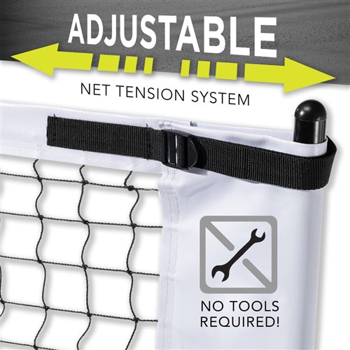 Black and white Franklin Pickleball Portable Net System with wheels and a durable steel frame is easy to set up and move around. Includes black weather-resistant carrying and storage bag.