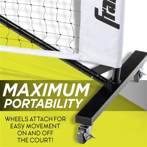 Black and white Franklin Pickleball Portable Net System with wheels and a durable steel frame is easy to set up and move around. Includes black weather-resistant carrying and storage bag.