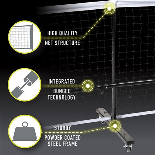Black and white Franklin Pickleball Portable Net System with wheels and a durable steel frame is easy to set up and move around. Includes black weather-resistant carrying and storage bag.