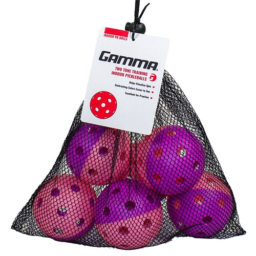 GAMMA Two-Tone Pickleball Indoor Training Ball is a purple/pink ball with 2-piece molded construction and 26 precision molded holes.