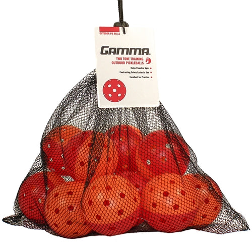 GAMMA Two-Tone Pickleball Outdoor Training Ball is a red/orange ball with 2-piece molded construction and 40 precision molded holes.