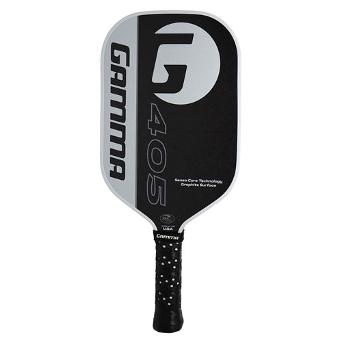 The GAMMA 405 Graphite Paddle is available in a Black-White-and-Gray color combo, or a Red-Yellow-and-Blue combo, featuring the GAMMA brand and "G" logo featured prominently on the face.