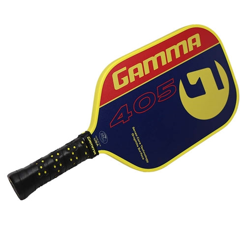 The GAMMA 405 Graphite Paddle is available in a Black-White-and-Gray color combo, or a Red-Yellow-and-Blue combo, featuring the GAMMA brand and "G" logo featured prominently on the face.