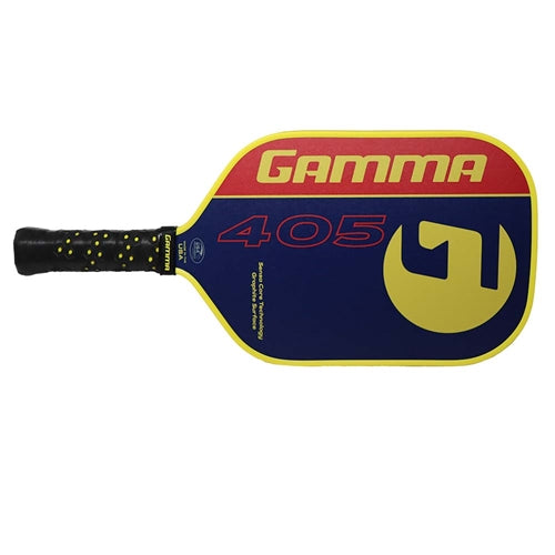 The GAMMA 405 Graphite Paddle is available in a Black-White-and-Gray color combo, or a Red-Yellow-and-Blue combo, featuring the GAMMA brand and "G" logo featured prominently on the face.