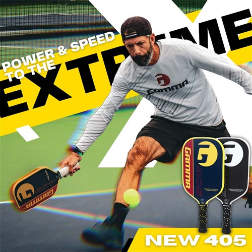 The GAMMA 405 Graphite Paddle is available in a Black-White-and-Gray color combo, or a Red-Yellow-and-Blue combo, featuring the GAMMA brand and "G" logo featured prominently on the face.