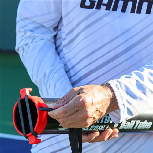 GAMMA Pickleball Ball Tube is a collapsible ball retrieval tube that when expanded stores 12 pickleballs. Black, red, and white with the GAMMA logo on the side.