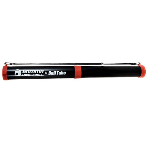 GAMMA Pickleball Ball Tube is a collapsible ball retrieval tube that when expanded stores 12 pickleballs. Black, red, and white with the GAMMA logo on the side.